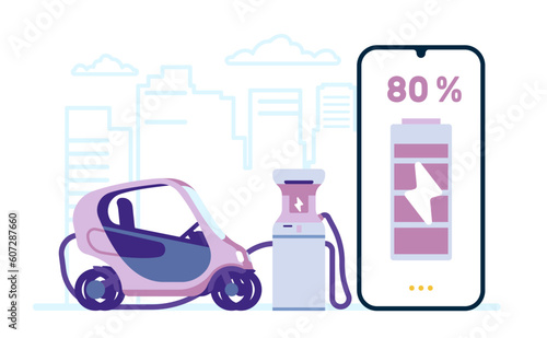 Electric vehicle charging. Automobile accumulator recharge. Electrical transport. Smartphone screen. Charge station. Mobile management application technology. Battery energy. Vector concept
