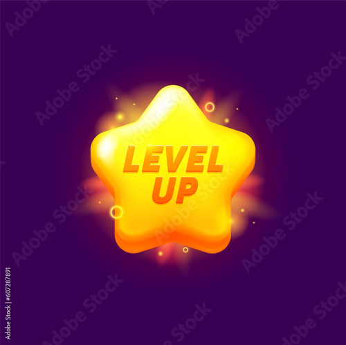 Game level up reward, star rate icon or golden badge, vector GUI rank. Game level up golden star reward with shine for next level achievement, bonus award or winner trophy, cartoon game popup asset