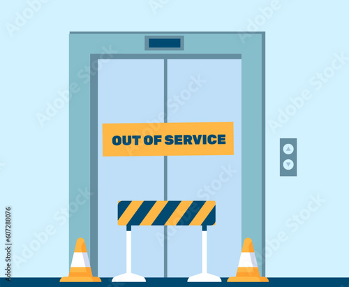 Elevator does not work. Out of service. Lift repair in hall. Closed failure metal sliding doors. Stop barrier. Lobby interior. Fixing maintenance. Blocked broken doorway. Vector concept