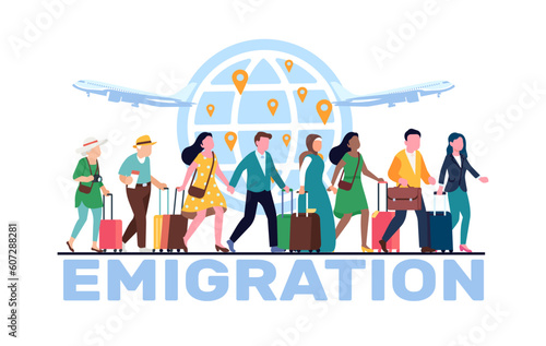 Emigration, relocation of people, men and women with luggage standing in line waiting to fly to another country. Leaving home. Global migration cartoon flat style isolated vector concept