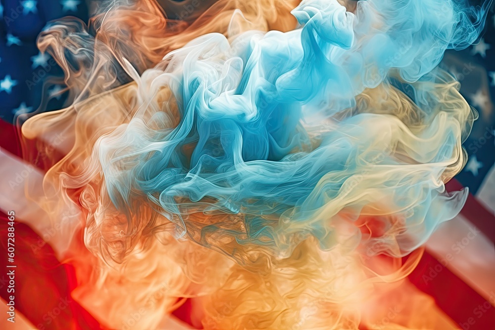 An American flag surrounded by fire and smoke, representing social issues and wartime conflict. Generative AI