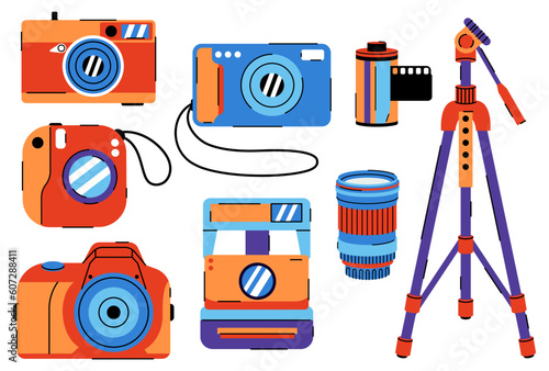 Different cameras and photography equipment isolated on white background.
