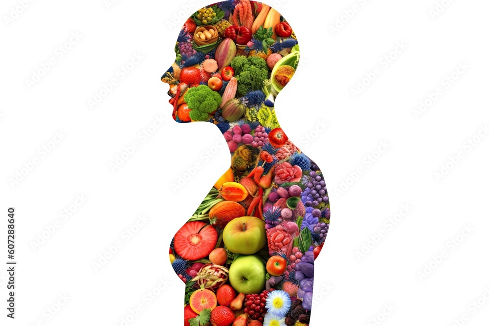 A person with undefined anatomy, with the body divided into parts filled with fruits and vegetables, in a style of bio-art. Generative AI