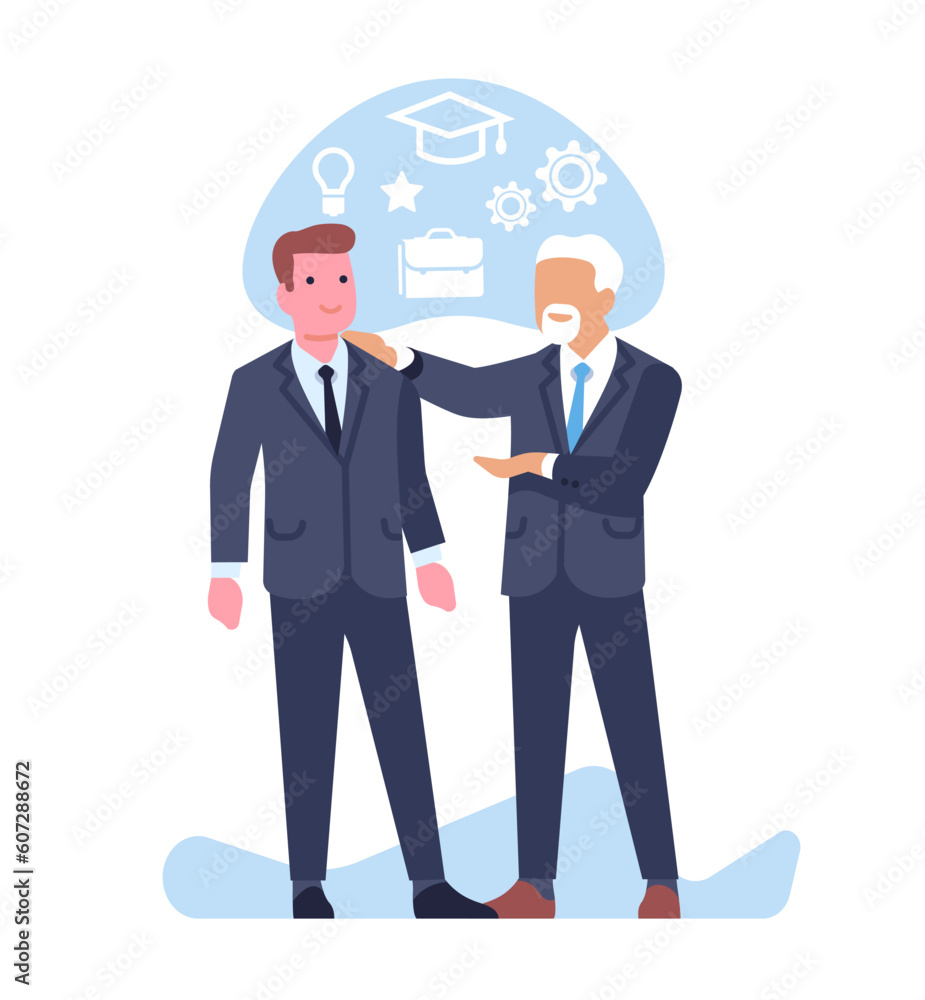 Experience and knowledge sharing. Experienced businessman passes on information to young professional. Work mentoring and training. Employees education. Worker support. Vector concept Experience and knowledge sharing. Experienced businessman passes on information to young professional. Work mentoring and training. Employees education. Worker support. Vector concept