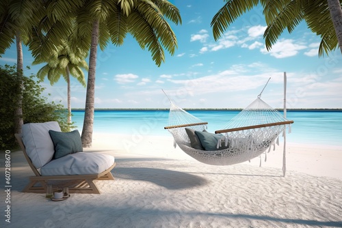 A hammock on a beach with palm trees and a blue sky Generative Ai