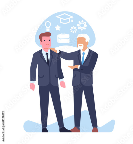 Experience and knowledge sharing. Experienced businessman passes on information to young professional. Work mentoring and training. Employees education. Worker support. Vector concept