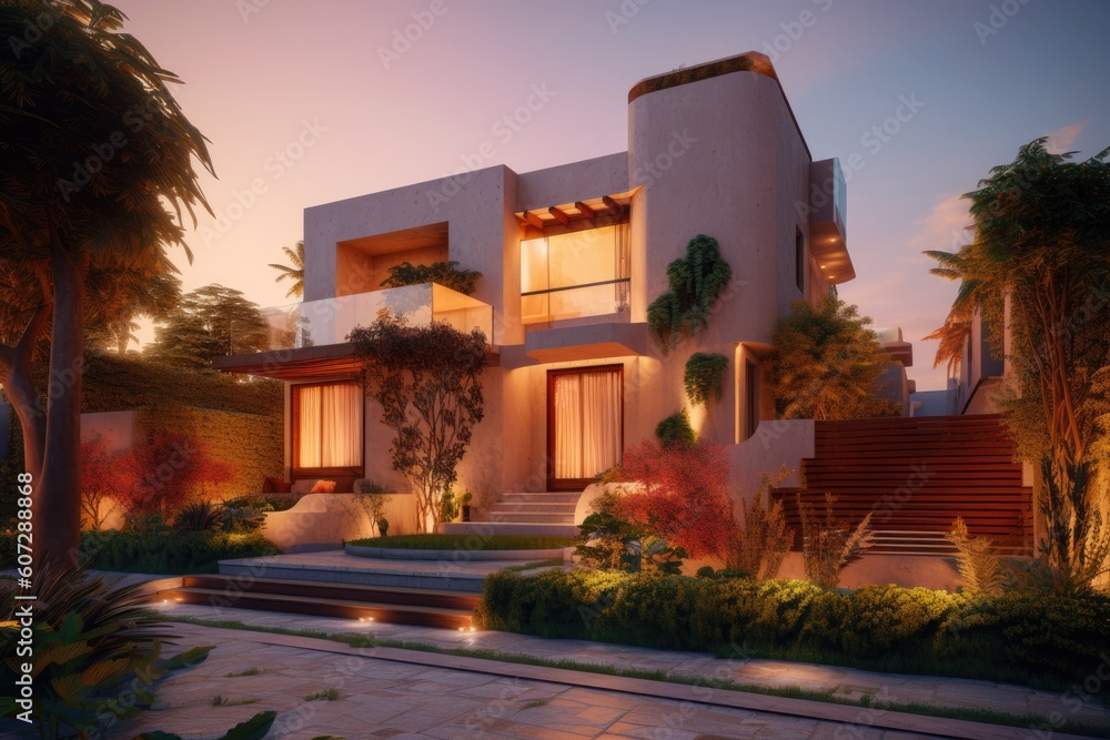 A villa in the evening with a garden in front Generative Ai A villa in the evening with a garden in front Generative Ai