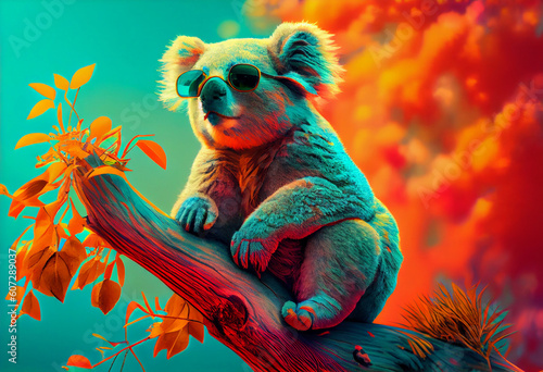 a large koala wearing sunglasses sitting on top of a tree, neofauvism, colorful. Generate Ai photo