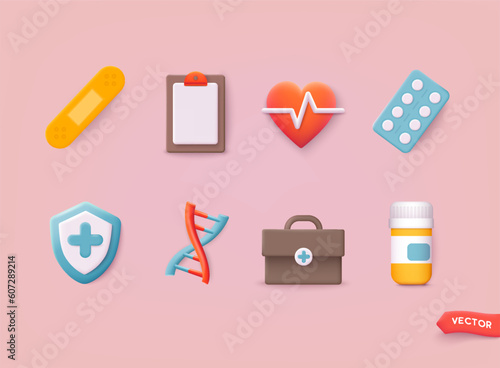 Set 3D vector line icons, sign and symbols in new design medicine and health with elements for mobile concepts and web apps. 3D Web Vector Illustrations.