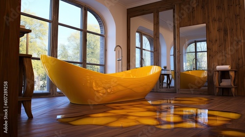Cheerful bathroom thanks to the color Yellow, Not to mention the amazing view it has. Generative AI Technology 