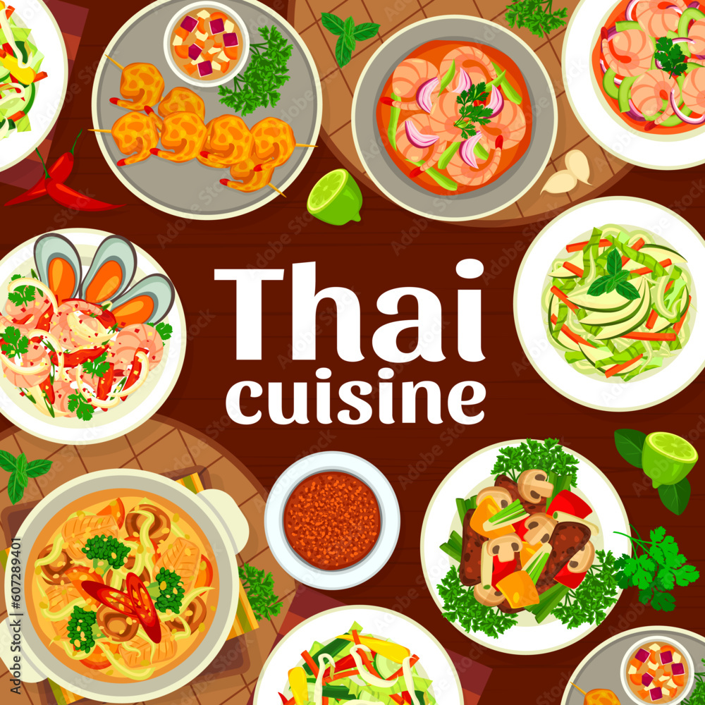 Thai cuisine menu cover page template. Battered prawns, salad with soybean sprouts and fish soup, beef and vegetable stir fry, Panang curry, seafood shrimp and vegetable and fruit salads Thai cuisine menu cover page template. Battered prawns, salad with soybean sprouts and fish soup, beef and vegetable stir fry, Panang curry, seafood shrimp and vegetable and fruit salads