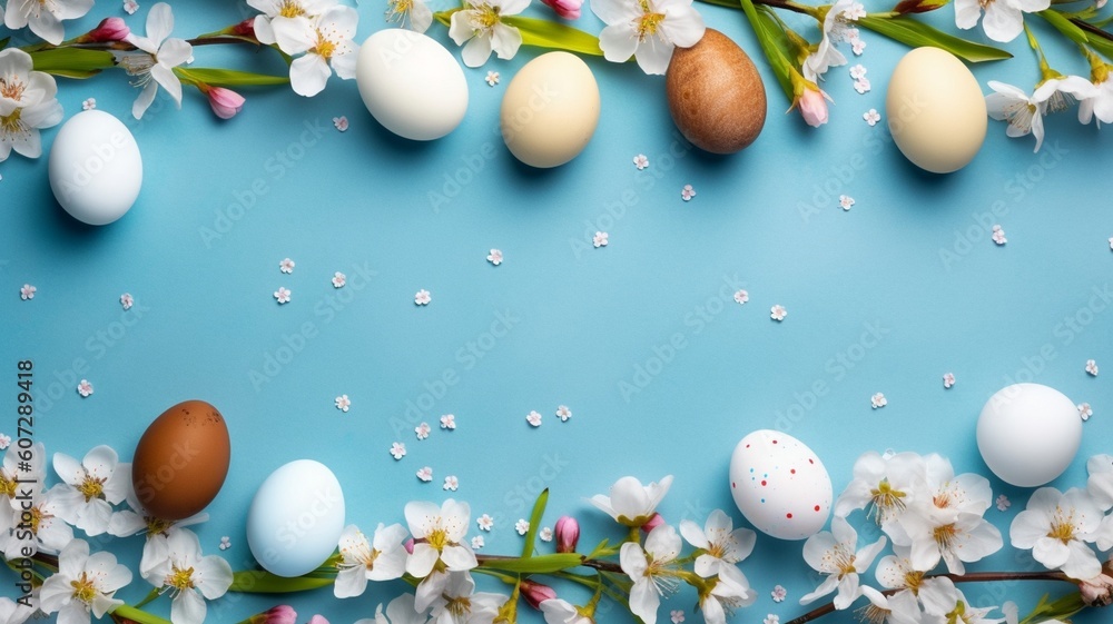 Easter eggs and Spring flower border on blue background Generative AI Easter eggs and Spring flower border on blue background Generative AI