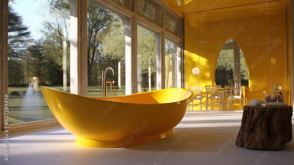 Cheerful bathroom thanks to the color Yellow, Not to mention the amazing view it has. Generative AI Technology 