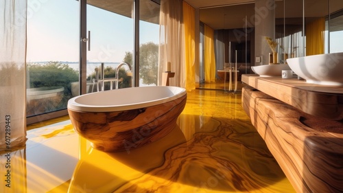 Cheerful bathroom thanks to the color Yellow  Not to mention the amazing view it has. Generative AI Technology 
