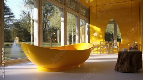 Cheerful bathroom thanks to the color Yellow, Not to mention the amazing view it has. Generative AI Technology  © Dniel