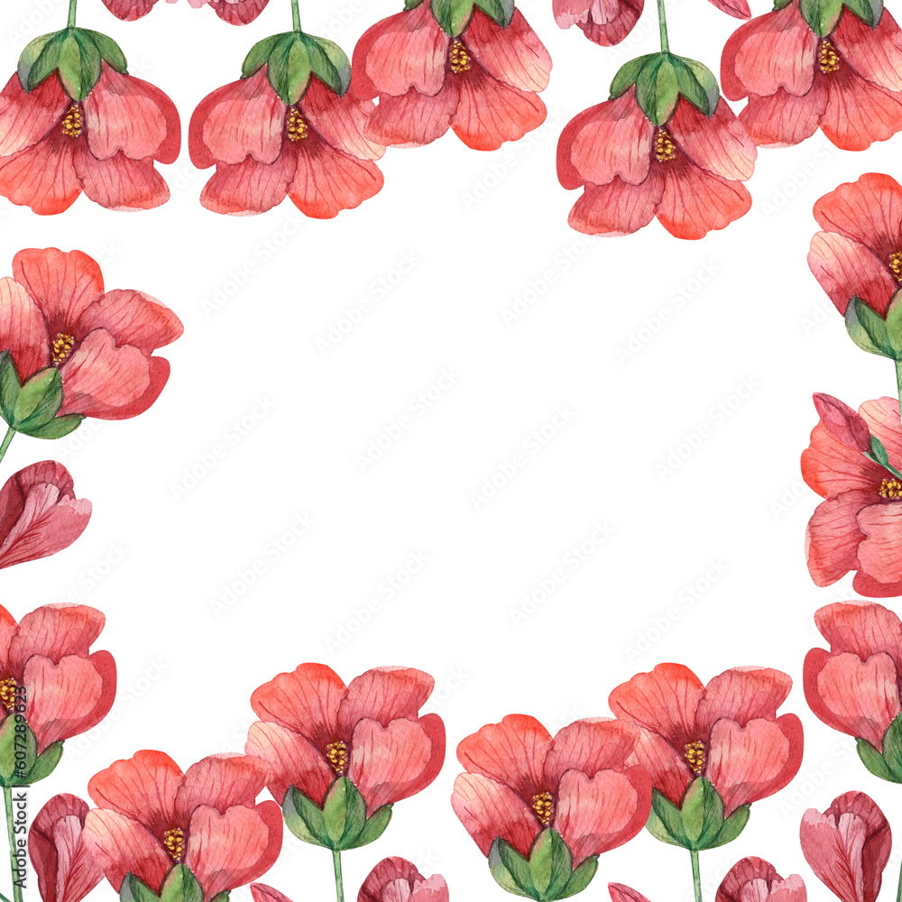 Square frame of red flowers,watercolor frame isolated on a white background