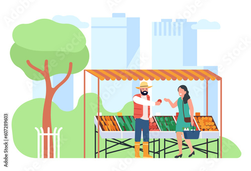 Farmer sells fruit at farming organic market in modern city. Agriculture natural harvest retail. Grocery kiosk. Woman buying fresh food products. Man at stall counter. Vector concept