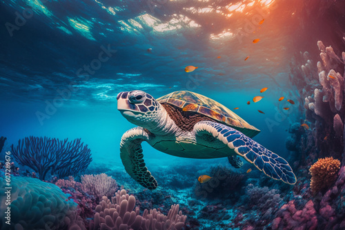 Sea turtle swimming in the under sea , Beautiful Underwater and colorfull coral in wild nature of the Pacific Ocean. Generate Ai © AI_images