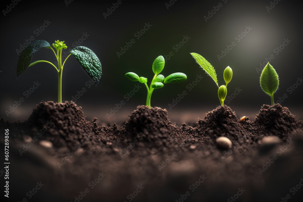 Seedlings growing from the ground , Germinating seeds of various , Growing plants and agriculture concept. Generate Ai Seedlings growing from the ground , Germinating seeds of various , Growing plants and agriculture concept. Generate Ai
