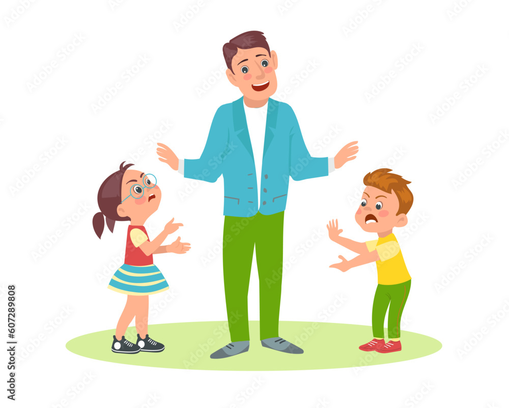 Father mediates between two angry quarreling children. Parent stops conflict. Kids arguing and shouting. Yelling son and daughter. Brother and sister dispute. Bad behavior. Vector concept