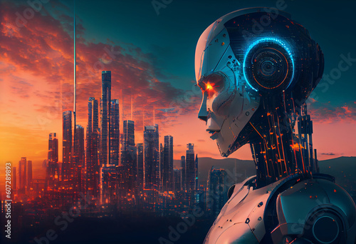 Smart City with robot system artificial intelligence. Generate Ai
