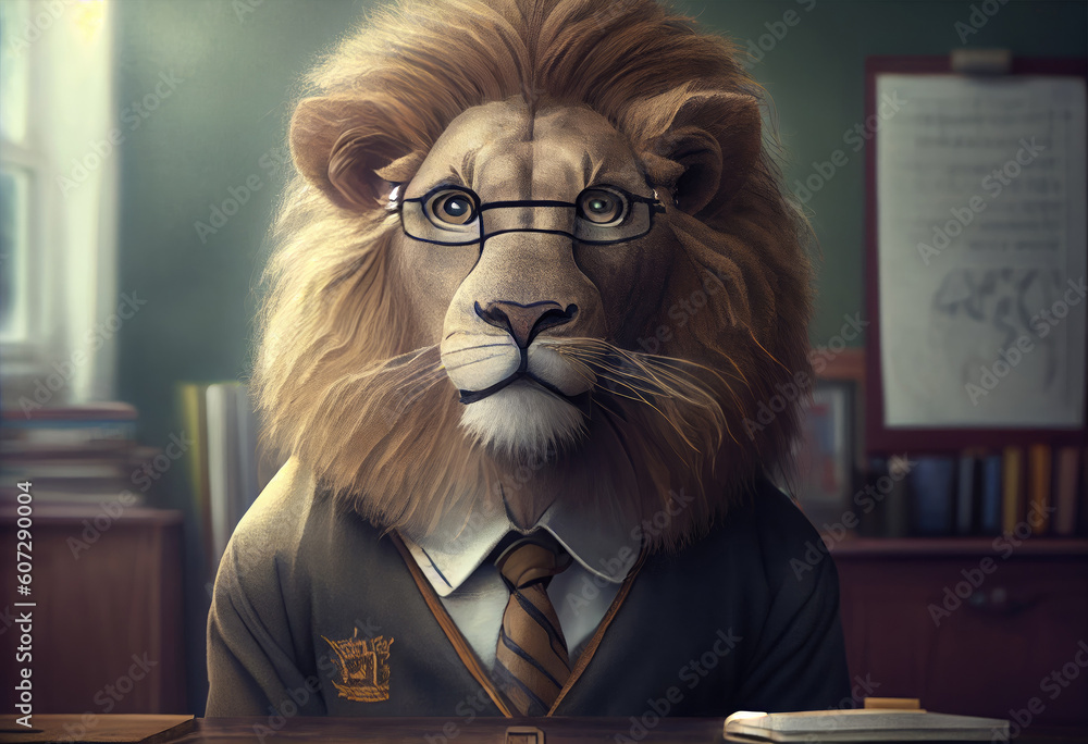 Portrait of an anthropomorphic lion dressed as a schoolboy in a classroom. Generate Ai. Portrait of an anthropomorphic lion dressed as a schoolboy in a classroom. Generate Ai.