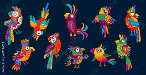 Cartoon Mexican and Brazilian parrots, kids funny bird characters, vector ornament pattern. Mexico or Brazil parrot birds with folk ethnic ornament or Latin alebrije art in colorful tropical birds