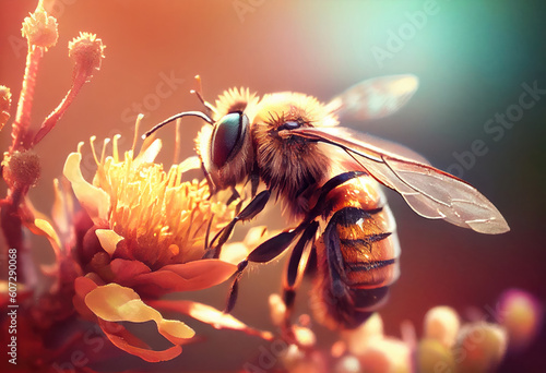 bee collects nectar on a sunny day, wild insect life. Generate Ai. © AI_images