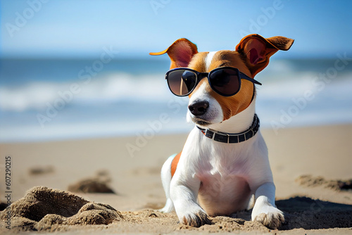 Cute dog - jack Russell terrier with sunglasses, enjoying on the beach. Generate Ai © AI_images