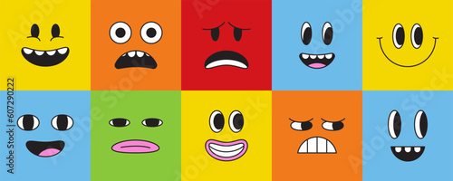 Vector cartoon faces, abstract design mascots - y2k stickers and badges, happy, angry expressions, sticker and icons with different face expressions