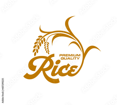 Rice icon, organic natural food and package label, vector bio product symbol. Premium quality natural cereals or rice ear and stalk brown silhouette sign for farm food store or rice packaging