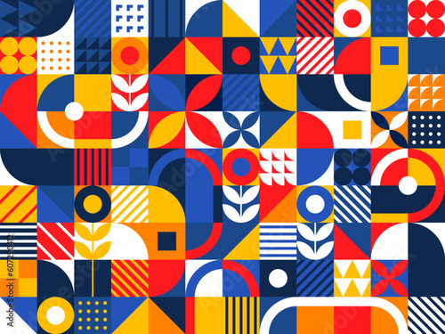 Bauhaus modern geometric pattern with vector color shapes. Abstract background of squares  circles  triangles and round lines  dots and floral elements. Bauhaus pattern for interior decor and posters