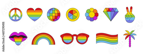 Vector illustration in flat simple linear style - summer rainbow stickers and badges, - lesbian gay bisexual transgender love concept, Icon and symbol for sticker, t-shirt print 