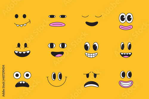 Vector cartoon faces, abstract design mascots - y2k stickers and badges, happy, angry expressions, sticker and icons with different face expressions