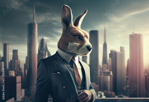 Portrait of an anthropomorphic rabbit businessman roaming the city streets. Generate Ai.