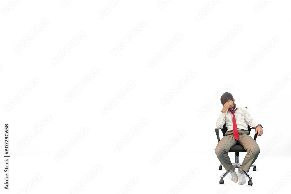 A sad person sitting on the chair in the corner of a white backdrop with free copy space for typography and design. Depressed man with a red tie sitting on a chair in the corner A sad person sitting on the chair in the corner of a white backdrop with free copy space for typography and design. Depressed man with a red tie sitting on a chair in the corner