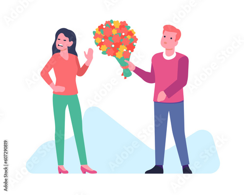 Frustrated woman refuses bouquet from her guilty partner. Couple relationship. Boyfriend and girlfriend quarrel. Guy apologizing and gifting present. Rejection of flowers. Vector concept