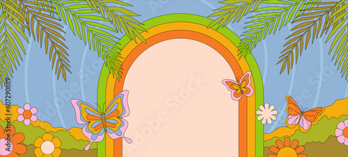 Vector horizontal banner with copy space for text - design elements and shapes for abstract backgrounds and modern art - hippie groovy vibes with flowers and waves