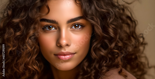 portrait of pretty young woman with curly hair, made with Generative AI
