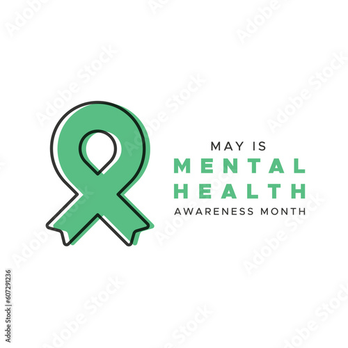 May is Mental Health awareness month. Green awareness ribbon. Vector illustration, flat design