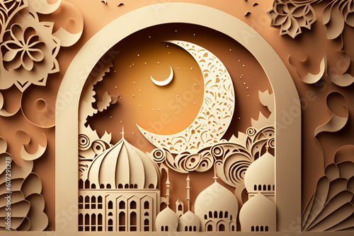 illustration of abstract paper cut mosque, crescent, pattern, window and street for greeting card. Generate Ai.