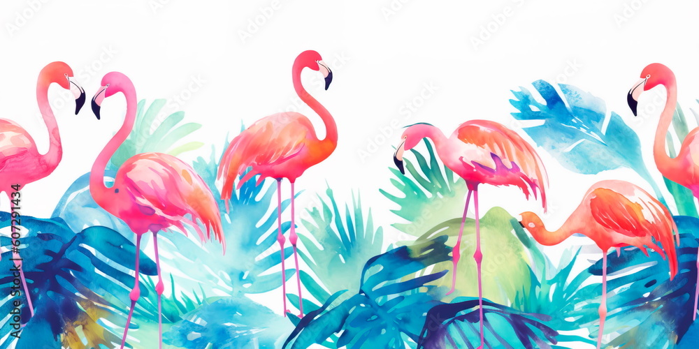 Naklejka premium repeating pattern of watercolor flamingos and palm trees, perfect for use in swimwear or stationery designs. Generative AI