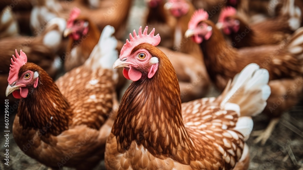 Chickens on traditional free range poultry farm Generative AI