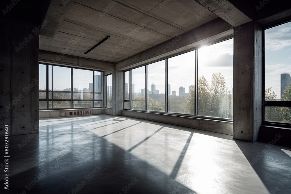 Interior of modern loft with concrete floor and panoramic windows Interior of modern loft with concrete floor and panoramic windows