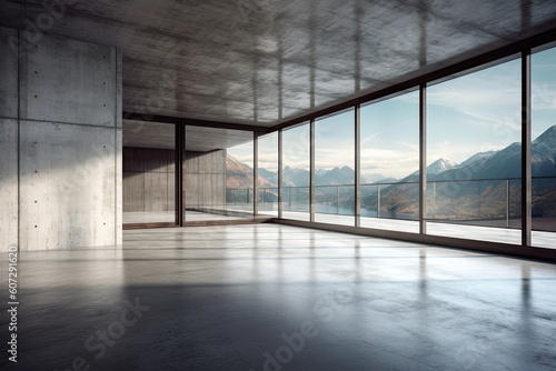 Interior of modern loft with concrete floor and panoramic windows