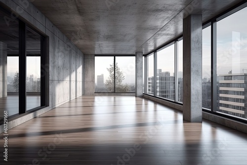 Interior of modern loft with concrete floor and panoramic windows © ttonaorh