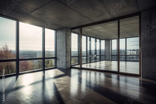 Interior of modern loft with concrete floor and panoramic windows