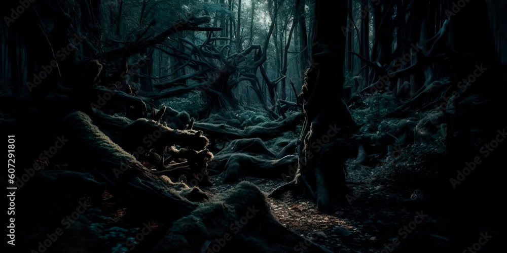 Fototapeta premium dark forest with twisted trees and deep shadows, suggesting the possibility of supernatural creatures lurking in the darkness. Generative AI