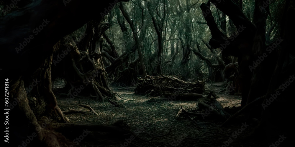 dark forest with twisted trees and deep shadows, suggesting the possibility of supernatural creatures lurking in the darkness. Generative AI dark forest with twisted trees and deep shadows, suggesting the possibility of supernatural creatures lurking in the darkness. Generative AI