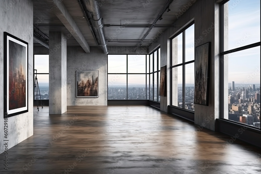 Interior of modern art gallery with empty white walls and concrete floor. Gallery concept Interior of modern art gallery with empty white walls and concrete floor. Gallery concept